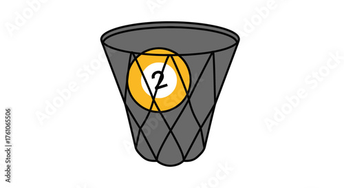 Yellow Billiard Ball Number Two Inside a Gray Net Basket.