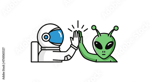 Friendly Astronaut and Green Alien High Five Cartoon Illustration.