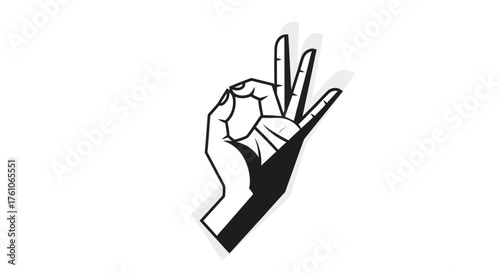 Stylized black and white line art illustration of a human hand making the OK gesture or a spiritual mudra.