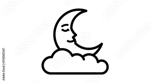 Smiling Crescent Moon with Face Resting on Cloud.