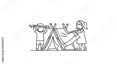 Children building a simple tent or teepee with sticks and fabric.