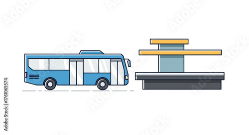 Blue public transport bus next to a modern bus stop shelter.