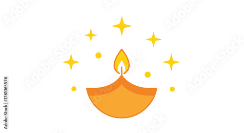 Lit Diwali Oil Lamp with Sparkling Stars Illustration.