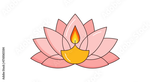 A stylized pink lotus flower illustration with a lit golden diya lamp at its center.