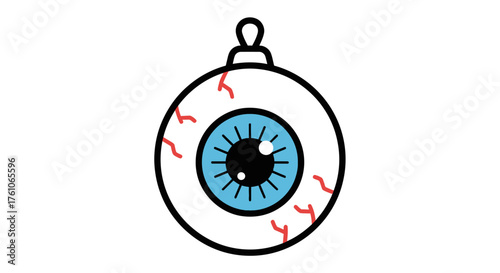 A cartoon illustration of a hanging bloodshot eyeball ornament with a blue iris.