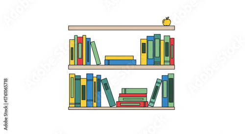 Two shelves filled with colorful books and a small apple on the top shelf.