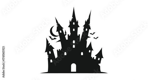Spooky black castle silhouette with sharp spires flying bats and a crescent moon.
