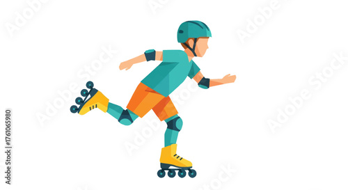 Boy Roller Skating with Helmet Elbow Pads and Knee Pads in Motion.