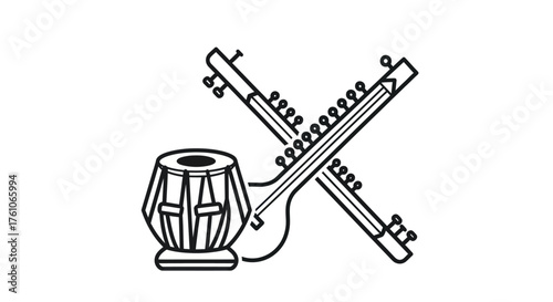 Traditional Indian Musical Instruments Sitar and Tabla Line Art Illustration.