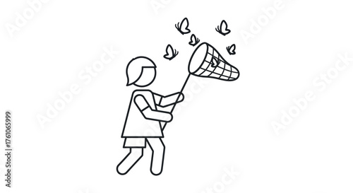 Simple Line Drawing of Child Catching Butterflies with Net.