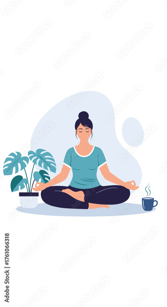 Obraz premium A woman meditates peacefully at home with plants and a coffee cup.