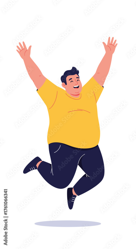 Fototapeta premium A happy overweight man is joyfully jumping in the air with his arms raised.