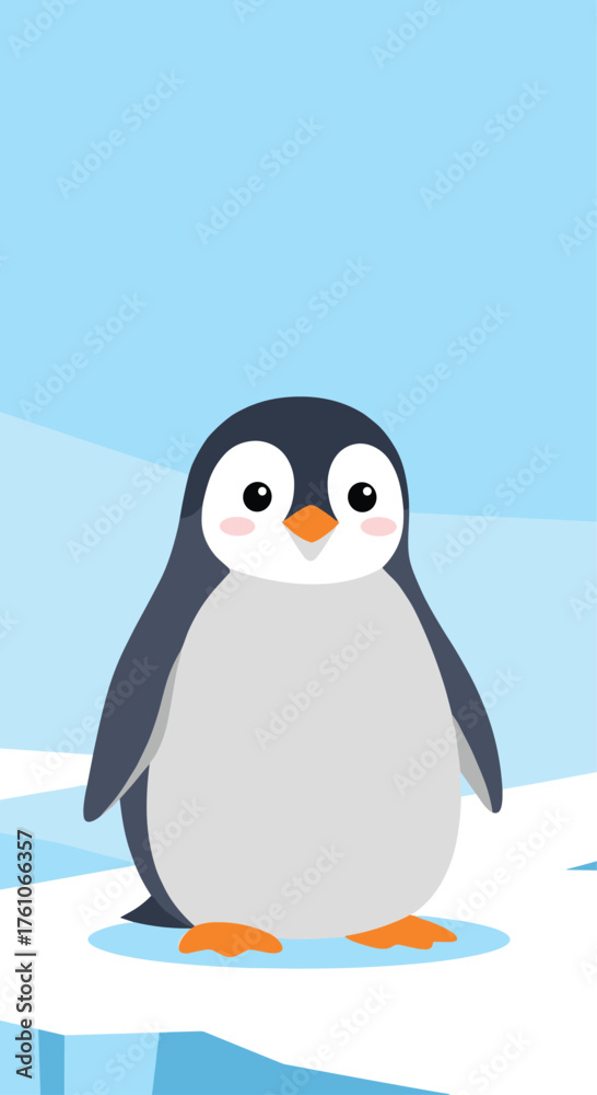 Fototapeta premium A cute cartoon penguin stands on an iceberg in a cold arctic landscape.