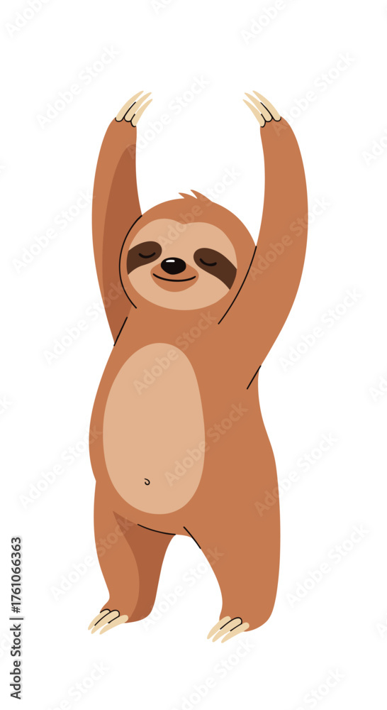 Obraz premium A cute brown sloth doing a yoga pose with its arms raised and eyes closed.