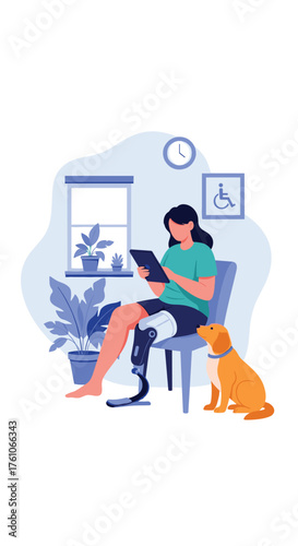 A woman with a prosthetic leg sits reading a tablet with her dog nearby.