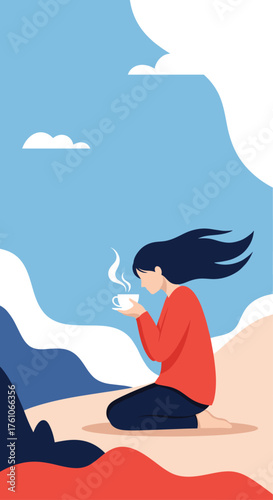 A solitary person enjoying a hot beverage outdoors with a scenic backdrop.