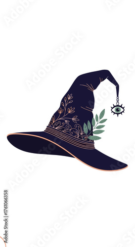 A dark magical witch hat adorned with intricate patterns and a mystic eye charm.