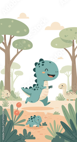 Cute baby dinosaur running happily in a prehistoric forest jungle with trees and plants.