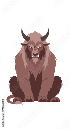 A formidable shaggy creature with large horns and a stern expression sits patiently.