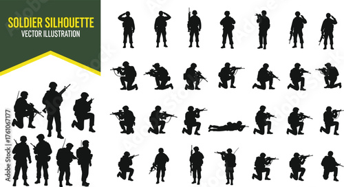 Soldier silhouette vector illustration, military poses, combat stances, army action figures, tactical movements, black silhouettes, warfare concept, armed forces