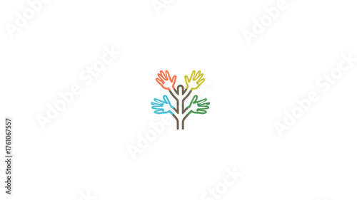 Diverse human hands forming a vibrant, colorful tree icon, symbolizing community, growth, nature, collaboration, and unity.