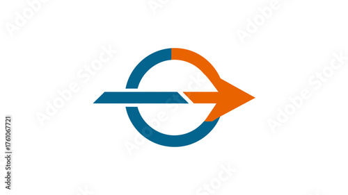Abstract blue and orange arrow icon through a circle, symbolizing progress, direction, connection, technology, and business solution concept on white background.