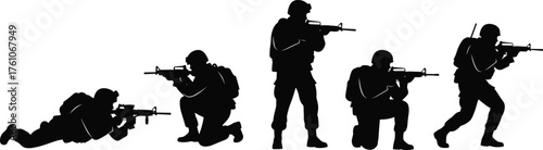 Soldier silhouette vector set, tactical combat poses, armed forces illustration, military stance icons, rifle position graphic, warfare design pack