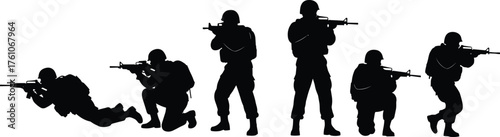 Soldier silhouette vector set, tactical combat stances, military rifle poses, armed forces illustration, warfare icon pack, defense graphic design