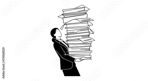 Woman carrying a heavy stack of documents