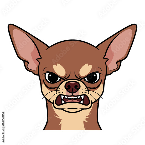 A cartoon illustration of an angry brown chihuahua dog's head, snarling and baring its sharp teeth aggressively.