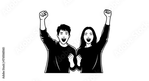 Excited Couple Cheers With Raised Fists Together