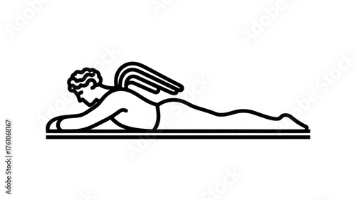 Minimalist line art illustration of a classical winged male figure lying down, evoking mythology, grace, and speed as a design element.