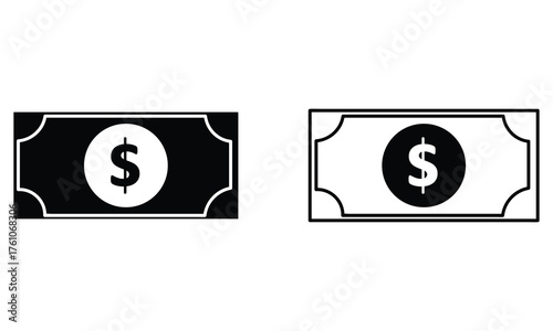 Minimalist black and white dollar bill icon pair in flat vector design featuring solid and inverse silhouettes symbolizing money and finance