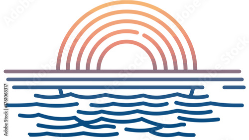 Modern Line Art Sunset or Sunrise Over Ocean Waves with Gradient Colors Vector Illustration