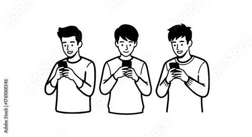 Three young men holding smartphones and looking at their screens