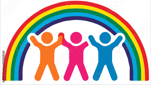 Diverse abstract people holding hands under a vibrant rainbow arch, symbolizing unity, inclusion, community, friendship, and happiness.