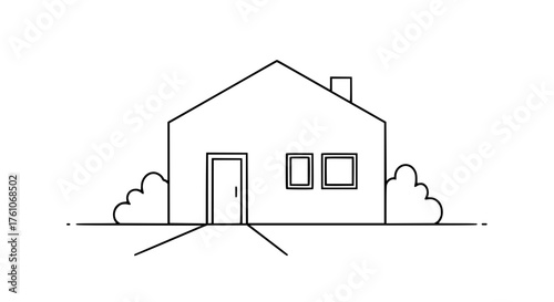 Simple Line Drawing of a House with a Door Windows and Bushes