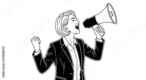 Woman speaks loudly into a megaphone announcing something exciting