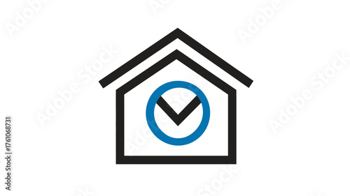 Smart home security system icon with checkmark. House symbol for verified property, automation, safety, and modern living.