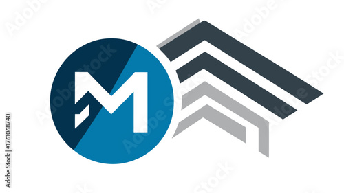 Abstract M letter symbol in blue circle with ascending layered graphic elements, representing progress, growth, and modern business development.