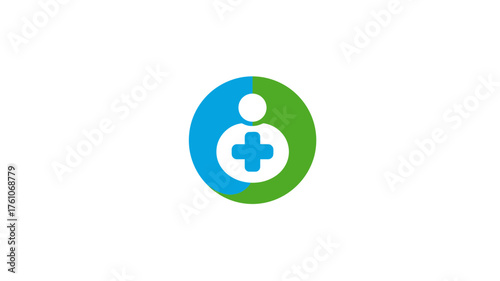 Modern health and medical care icon with a stylized person and cross symbol in a blue and green circle, representing wellness and support