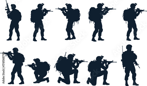 Soldier silhouette vector, armed forces poses, tactical gear illustration, combat stances, military action design, black graphic artwork