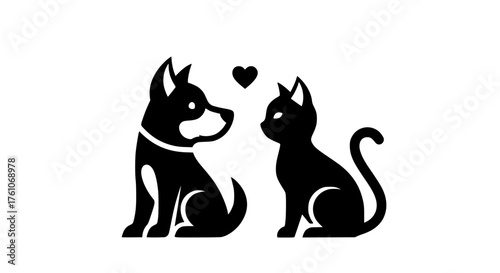 Adorable black dog and cat showing affection with a heart above them