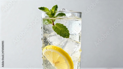 A close-up shot of a glass of soda filled with ice, garnished with a lemon slice and a fresh mint sprig, giving a refreshing and thirst-quenching feeling.