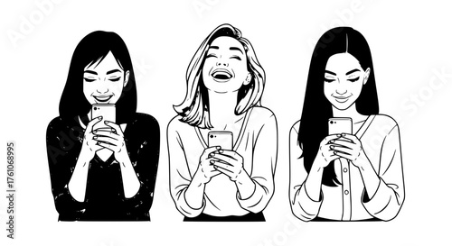 Three Women Enjoying Their Smartphones Together