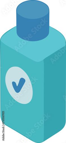 Flat  illustration of a blue mouthwash bottle with a checkmark label, symbolizing freshness, cleanliness, and oral hygiene