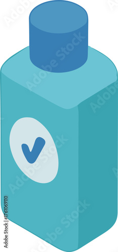 Flat  illustration of a blue mouthwash bottle with a checkmark label, symbolizing freshness, cleanliness, and oral hygiene.