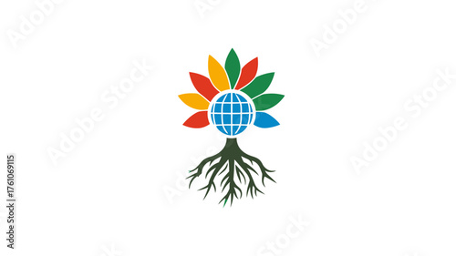 Colorful globe with roots and vibrant leaves vector graphic representing global growth, sustainability, diversity, and environmental connection.