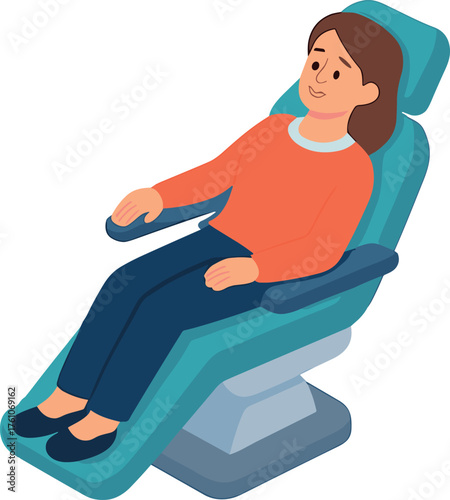 Flat  illustration of a woman sitting comfortably in a reclining dental chair, ready for treatment or dental examination in a clinic setting.