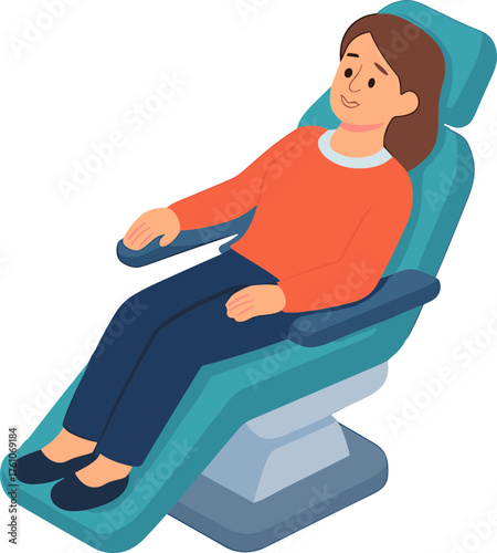 Flat  illustration of a woman sitting comfortably in a reclining dental chair, ready for treatment or dental examination in a clinic setting.